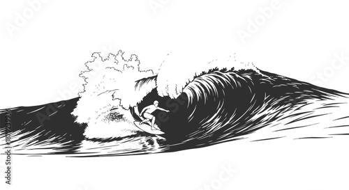 A breathtaking monochromatic illustration capturing a skilled surfer expertly riding the powerful crest of an immense ocean wave, experiencing the