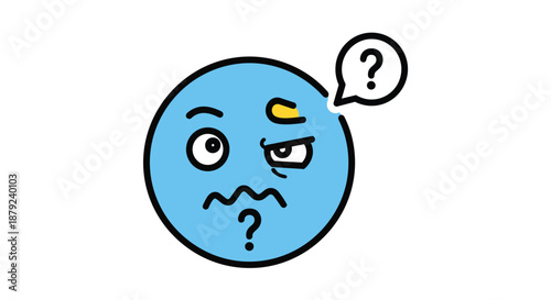 Confused blue doodle with mismatched eyes, raised eyebrow, and question marks, symbolizing deep inquiry