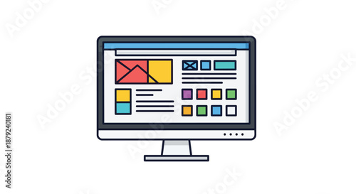 illustration of a computer monitor displaying a colorful website layout with various sections and information for digital interface design
