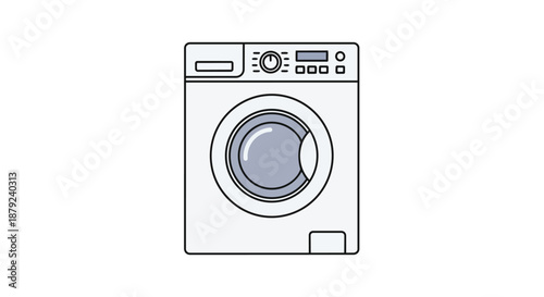 Modern household laundry appliance illustration featuring a sleek front-load washing machine, symbolizing domestic efficiency and clean textiles in