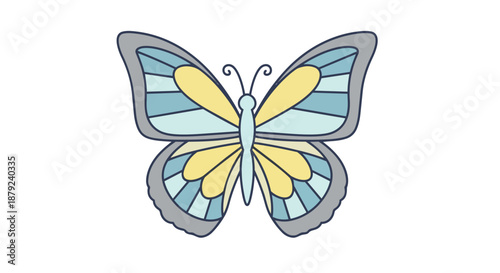 An illustrative symmetrical butterfly with vibrant blue and yellow wings fluttering gracefully in a serene abstract setting
