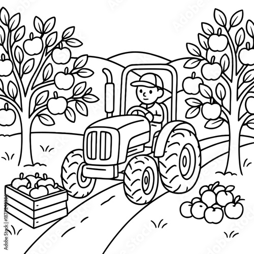 Apple Harvest Scene: A young farmer navigates his tractor through a vibrant apple orchard, with trees laden with ripe, juicy fruit, and the promise of a bountiful harvest.