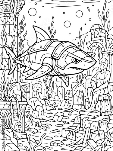 Mechanical Shark and Ancient Ruins: In a captivating monochrome illustration, a formidable mechanical shark, clad in armor, glides through the remnants of a submerged civilization.