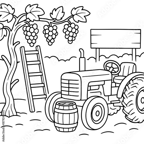 Harvest Season on the Farm: A vintage tractor stands ready amidst a bountiful grape harvest, with a ladder leaned against a laden grape vine.