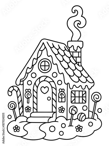 Gingerbread House: A whimsical and inviting gingerbread house stands with a decorated with candy canes, swirls of smoke, and adorned with sugary details, creating a charming festive scene.