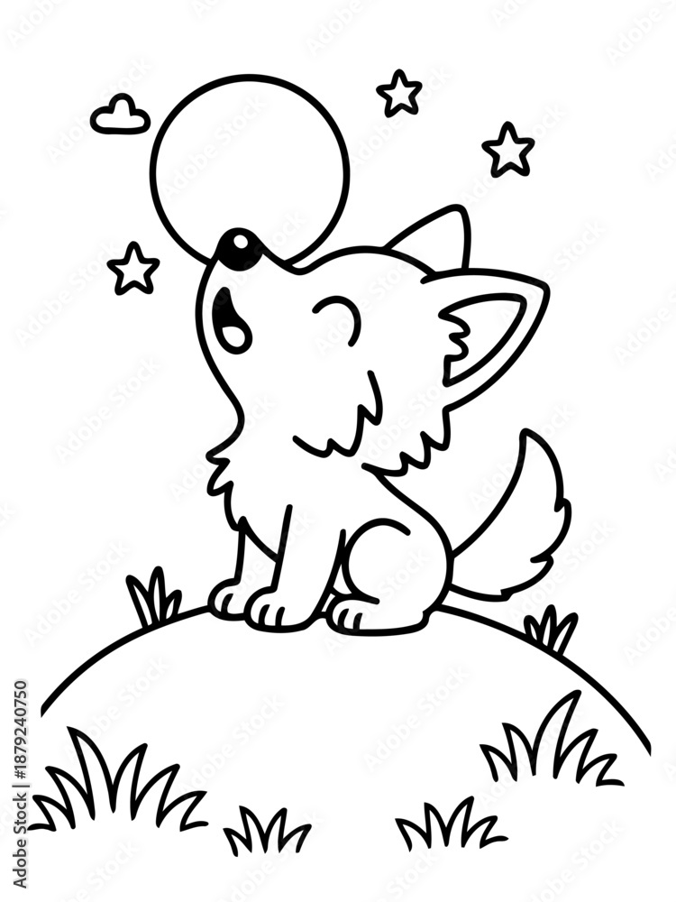 Fototapeta premium Moonlit Serenade: An adorable illustration captures a charming cartoon wolf serenading the moon under a starry night sky.