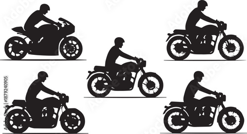 Silhouettes of motorcyclists on various motorcycles in motion