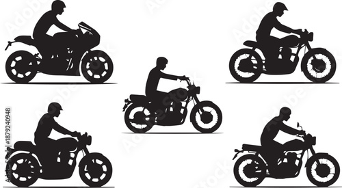 Silhouettes of riders on classic motorcycles, diverse styles