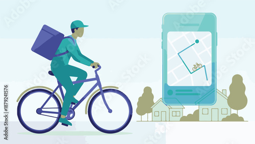Delivery person on bicycle navigating with mobile phone map application