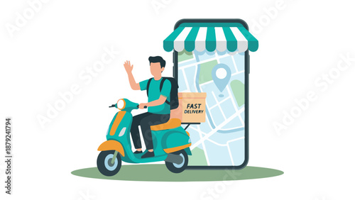 Fast delivery service concept with scooter, package, and mobile app map
