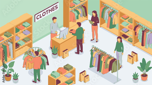 Isometric Illustration of a Busy Clothing Store with Shoppers and Staff