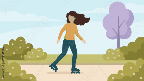 Young woman rollerblading in a park, enjoying an active outdoor lifestyle