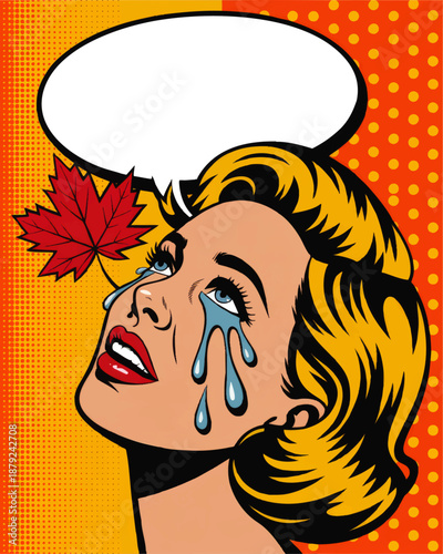Pop art crying woman with speech bubble and autumn maple leaf on vibrant orange yellow comic book background