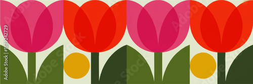 Colorful geometric tulip pattern illustration, retro floral background with pink and red flowers, modern spring wall art design