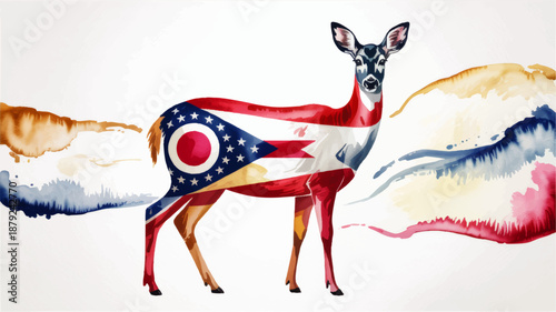 Ohio flag deer watercolor illustration, patriotic wildlife art with red blue splashes, state pride nature design 