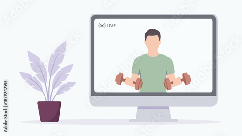 Man Exercising with Dumbbells in Online Live Fitness Class on Computer Monitor