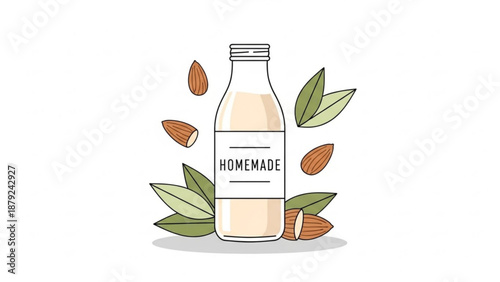Homemade almond milk in glass bottle with leaves and nuts healthy drink concept