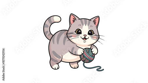 Adorable cartoon kitten playing with a ball of yarn 1.