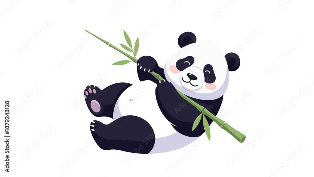 Naklejka premium Cute Cartoon Panda Holding Bamboo Branch.