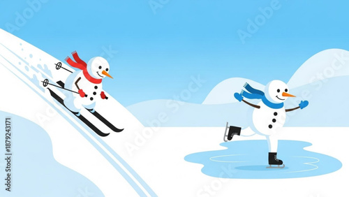 Two snowmen skiing down snowy slope with one sliding on ice winter fun and playful scene with bright blue sky