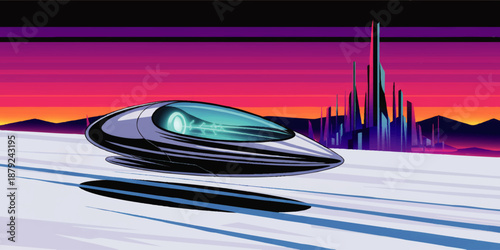 Futuristic hover car speeding across neon landscape with retro sci fi city skyline and vibrant sunset sky illustration
