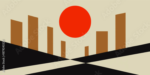 Minimalist geometric city skyline with red sun, abstract brown skyscrapers and bold Black shapes on beige background