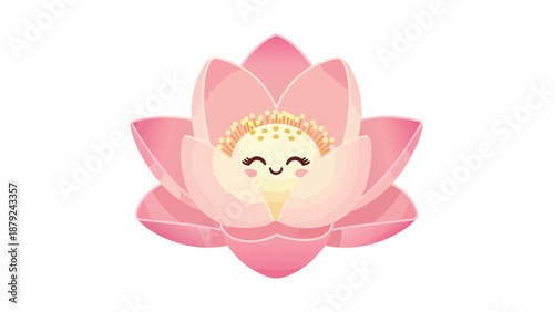Cute Kawaii Pink Lotus Flower with Happy Face.