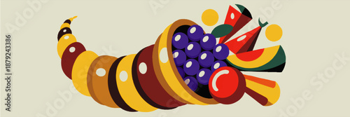 Colorful cornucopia illustration with autumn harvest fruits, Thanksgiving abundance, modern flat design holiday banner background