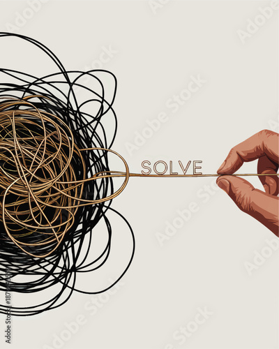 Hand unraveling chaotic tangle into word SOLVE, conceptual problem solving illustration on light background, creativity and clarity