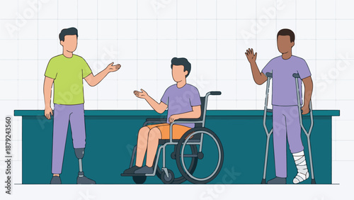 Diverse men with disabilities: prosthetic leg, wheelchair, crutches illustration