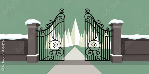 Elegant wrought iron gate opening to snowy winter park path with evergreen trees, flat vector illustration, teal background
