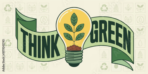 Think Green eco friendly illustration with light bulb and leaf plant, sustainability banner design for environmental awareness campaign
