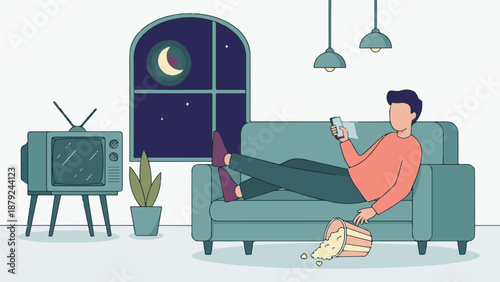 Man relaxing on sofa at night, browsing phone with spilled popcorn.