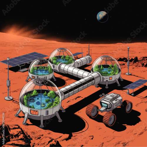 Futuristic Mars colony with glass dome habitats, greenhouses and rover vehicle on red planetary landscape, space exploration concept