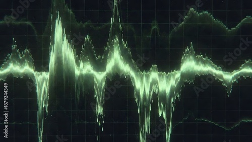 Green glowing sound wave oscilloscope graph displaying strong amplitude and frequency lines