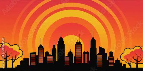 Vibrant sunset city skyline silhouette with modern skyscrapers and trees against orange yellow radial gradient background