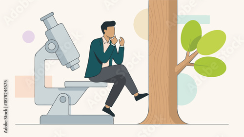 Man thinking about environmental science with microscope and tree