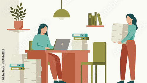 Women professionals working in an office environment with documents and technology