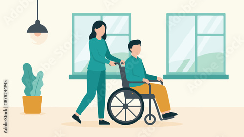 Caregiver Assisting Man in Wheelchair Indoors, Disability Support Illustration