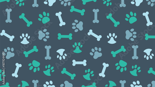 Modern seamless pattern with dog paw prints and bones in teal and blue tones. Cool-toned pet background for veterinary clinics, animal accessories, wallpaper, and textile surface design
