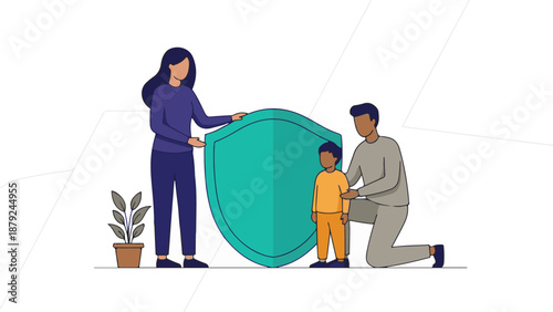 Family Protection and Security: Parents and Child Behind a Shield Illustration