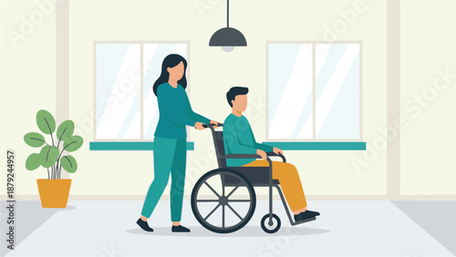 Caregiver pushing man in wheelchair, depicting assistance and support