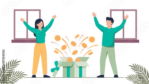 Happy couple celebrating financial gain with coins bursting from gift box