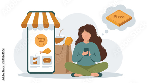 Woman ordering fast food online via mobile app with delivery concept