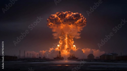 A massive explosion erupts from a facility at dusk, emitting flames and smoke into the darkening sky, viewed from a distance, illustrating a catastrophic event, 16 1 26 (236).mp4