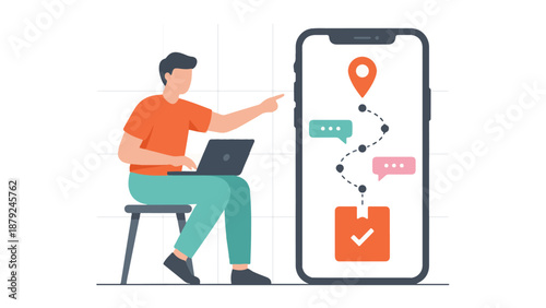 Man on laptop points to smartphone app with project timeline and messages