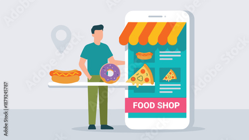 Man ordering food online via mobile app with various fast food items