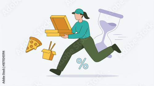 Fast food delivery concept with running courier, pizza, and takeout boxes