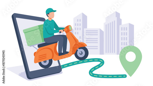 Online delivery service with courier on scooter and mobile app tracking