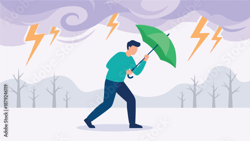Man with green umbrella walking in a thunderstorm with lightning illustration